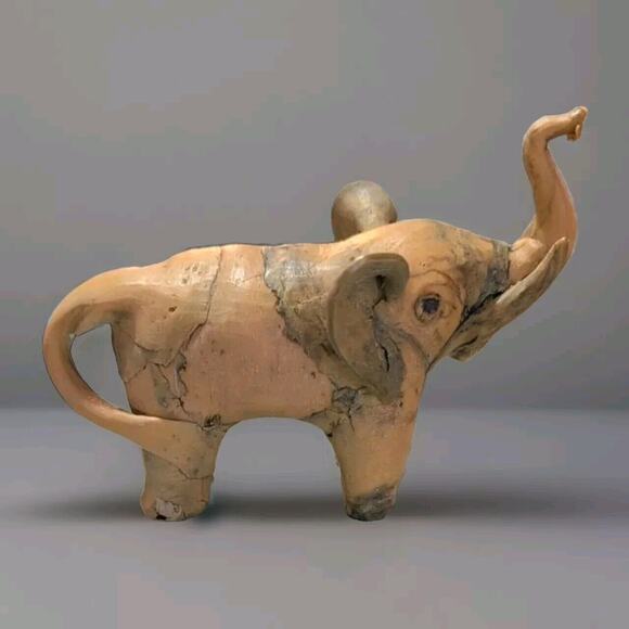 Vintage Hand Crafted Crushed Oyster Shell Marbled Elephant Raised Trunk Figurine - Picture 2 of 4